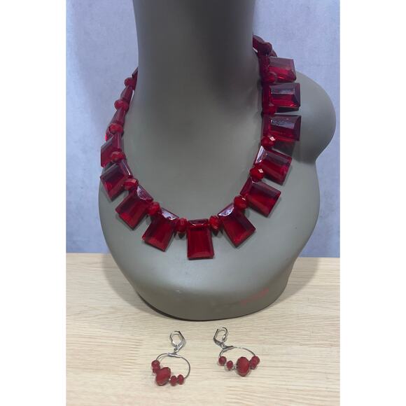 Ravishing Vintage Statement Red Quartz Necklace & Earrings Set 18” - Picture 2 of 6
